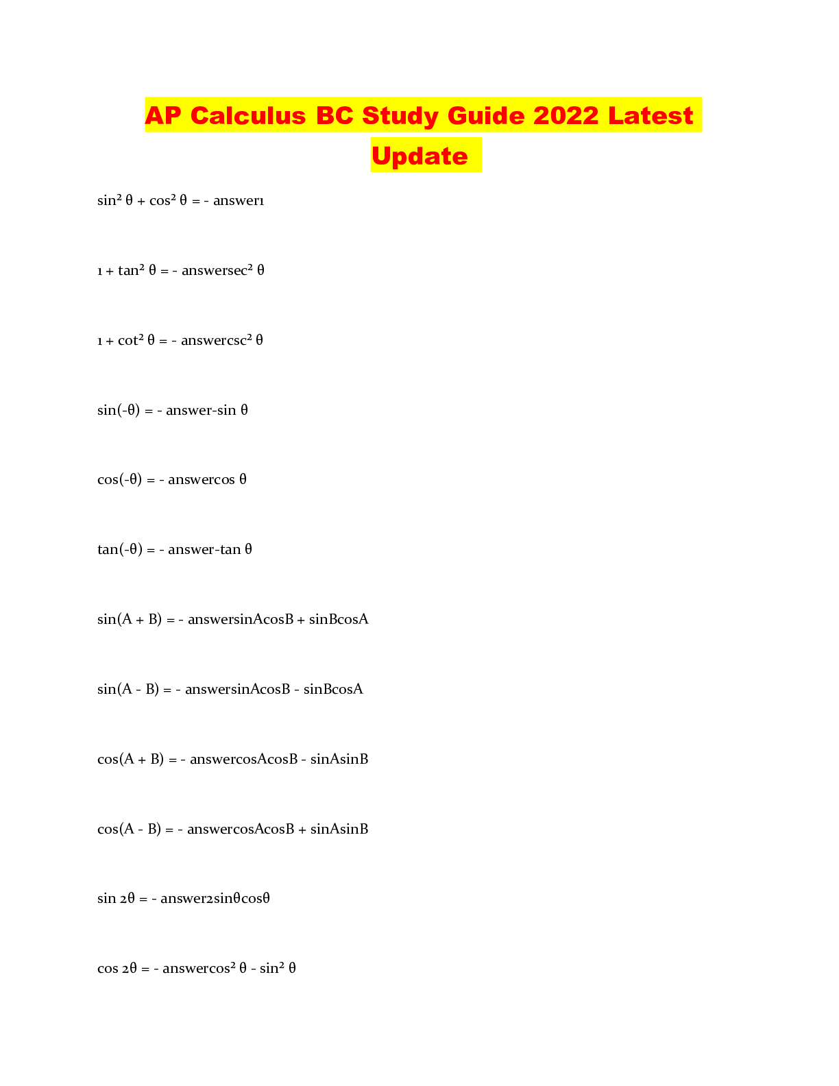 AP Calculus BC Study Guide 2022 Latest Update Browsegrades